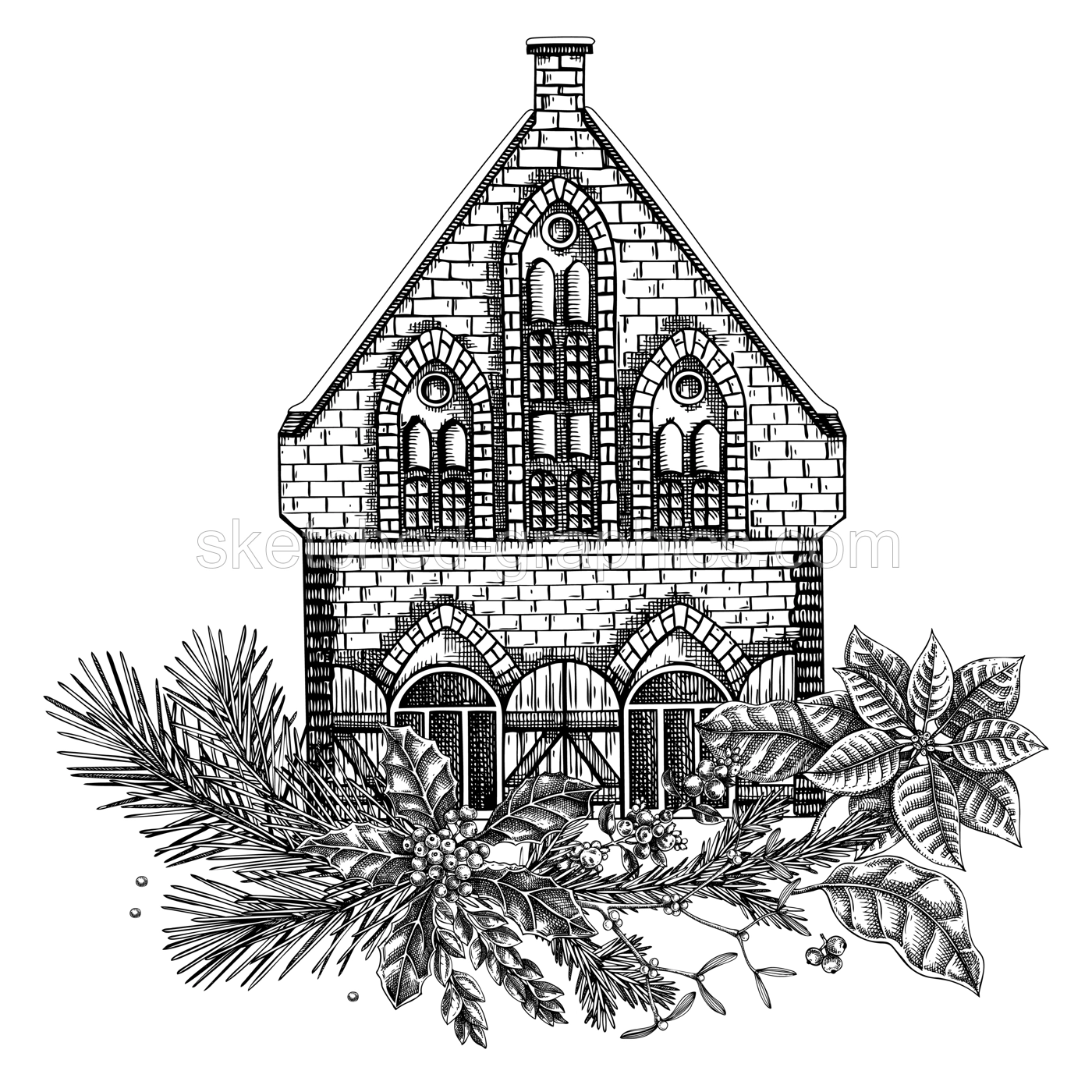 Christmas card design. European architecture sketch. Vintage brick house drawing. Winter trees hand-drawn vector illustration. NOT AI generated Illustration